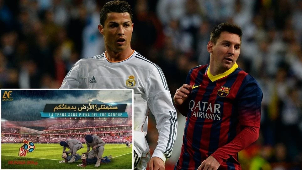 Θέλουν αίμα οι τζιχαντιστές στο Μουντιάλ: Νέα αφίσα όπου «αποκεφαλίζουν» Μέσι και Ρονάλντο σε κατάμεστο γήπεδο!